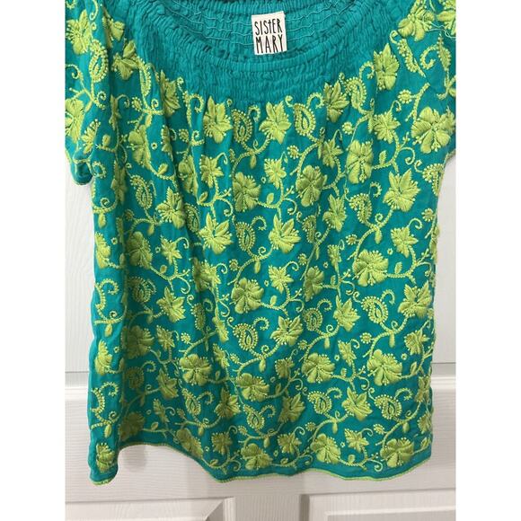 Sister Mary Claudia Floral Short Sleeve Embroidery Green Boho Blouse, S - Picture 2 of 6